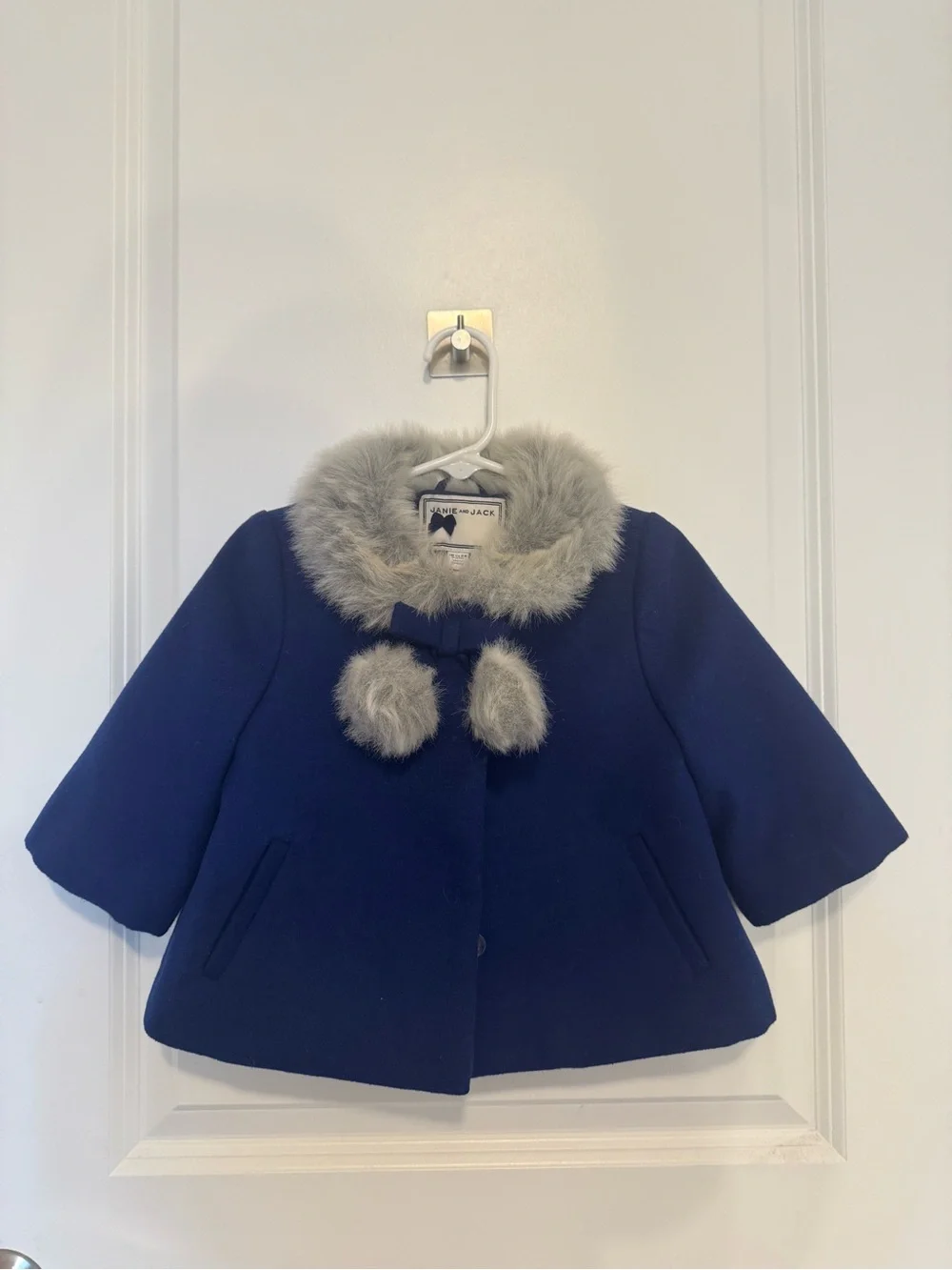 NWOT Janie and Jack Royal Blue Coat w/ Faux Fur Collar & Pom Details (12–24M) 💙